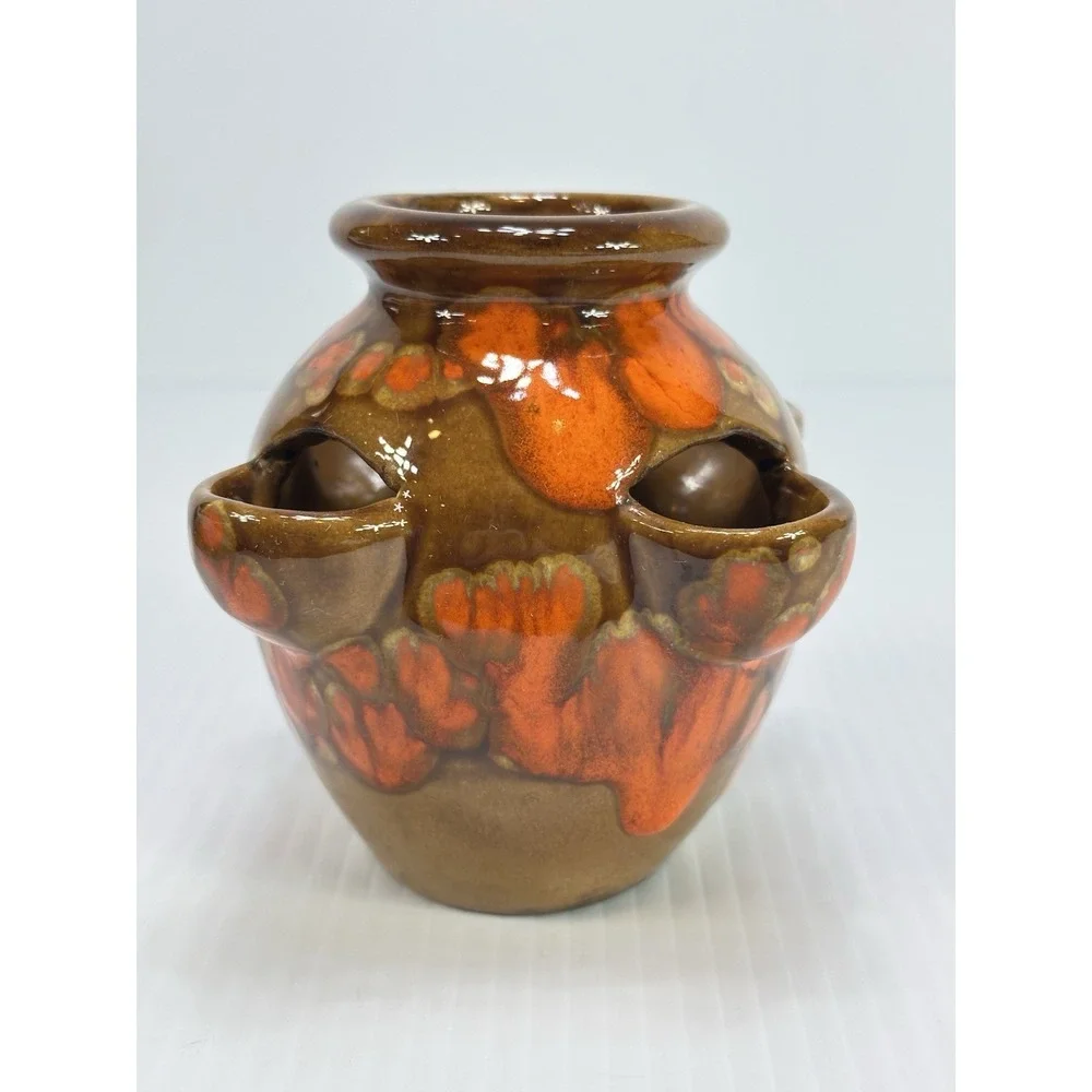 VTG Bar Harbor Maine Drip‎ Glazed Pottery Orange Brown Strawberry Planter Vase
